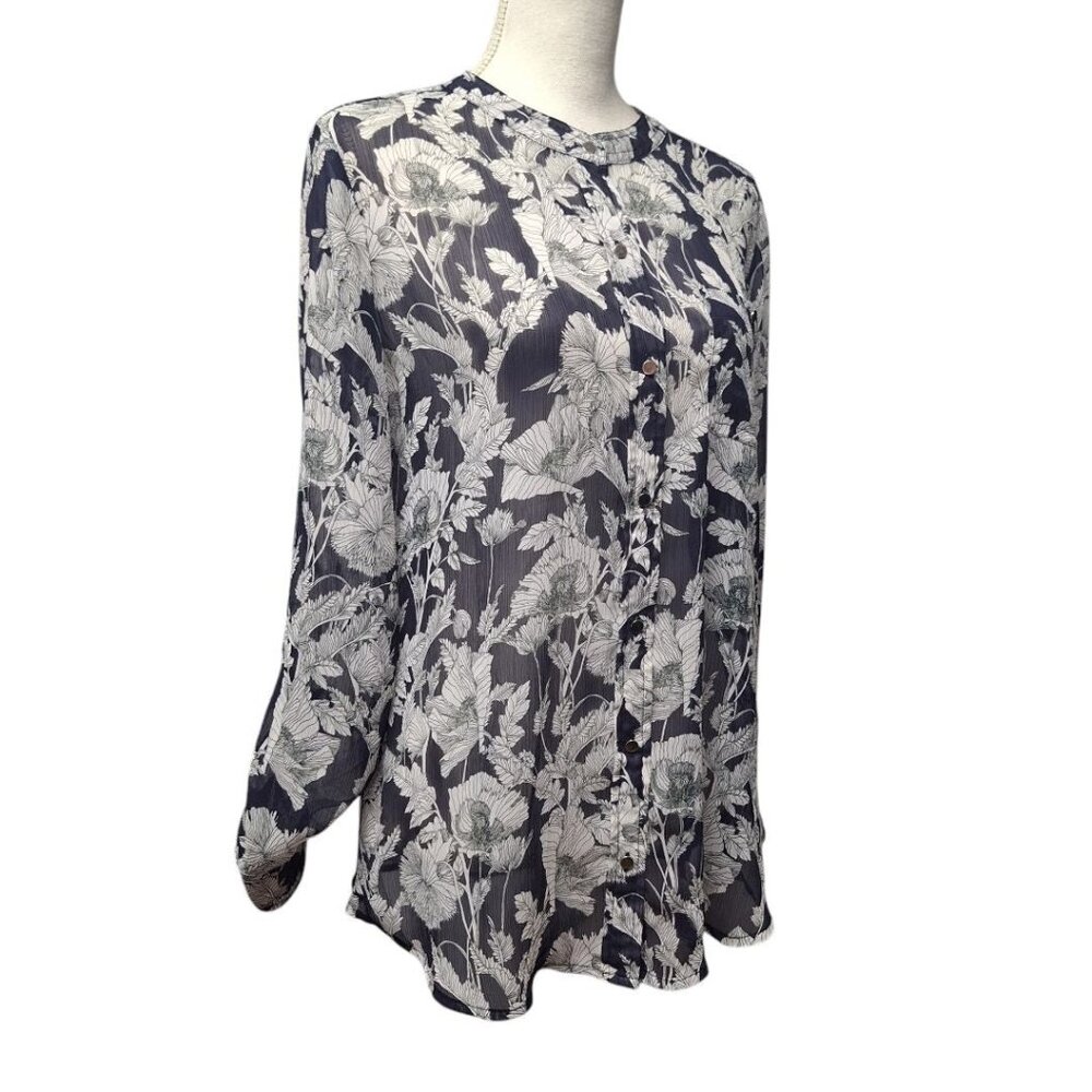 Liz Claiborne Sheer Top Button Down Blue Floral‎ Long Sleeve Medium Blouse